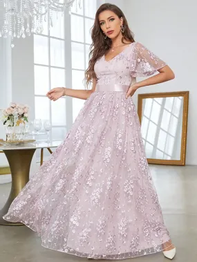 Mgiacy V-neck Romantic embroidered lace flared sleeves full skirt Evening gown Ball dress Party dress Bridesmaid dress