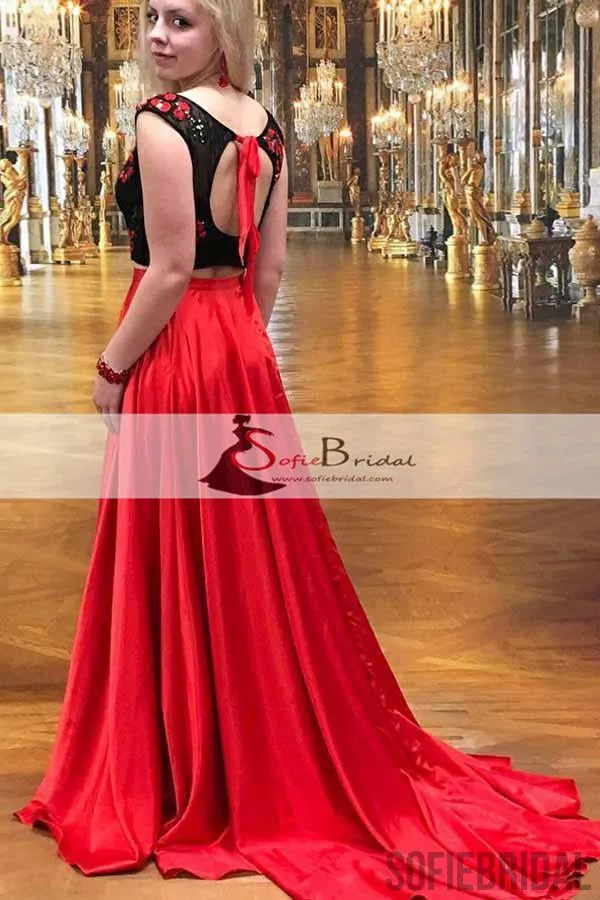 2 Pieces Black Top Open Back Prom Dresses, Red A-line Satin Prom Dresses, Prom Dresses, PD0458