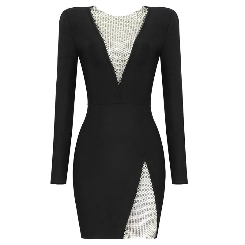 2021 New Summer New Women's Sexy V-neck Mesh Diamond Long Sleeve Bodycon Bandage Dress Fashion Celebrity Party Dress vestido