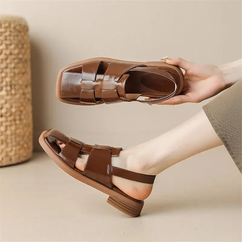 2023 Summer Sandals Split Leather Square Toe Women Sandals French Women Shoes Cover Toe Sandals for Women Hollow Out Roman Shoes