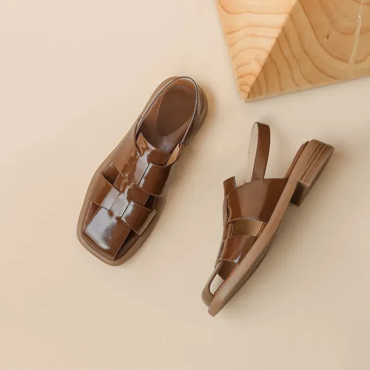 2023 Summer Sandals Split Leather Square Toe Women Sandals French Women Shoes Cover Toe Sandals for Women Hollow Out Roman Shoes