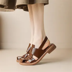 2023 Summer Sandals Split Leather Square Toe Women Sandals French Women Shoes Cover Toe Sandals for Women Hollow Out Roman Shoes