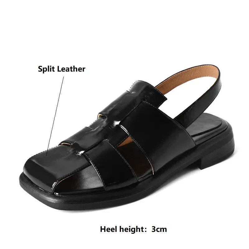 2023 Summer Sandals Split Leather Square Toe Women Sandals French Women Shoes Cover Toe Sandals for Women Hollow Out Roman Shoes