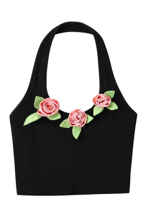 3 Pink Flowers Black Tencel Rib Halter Top