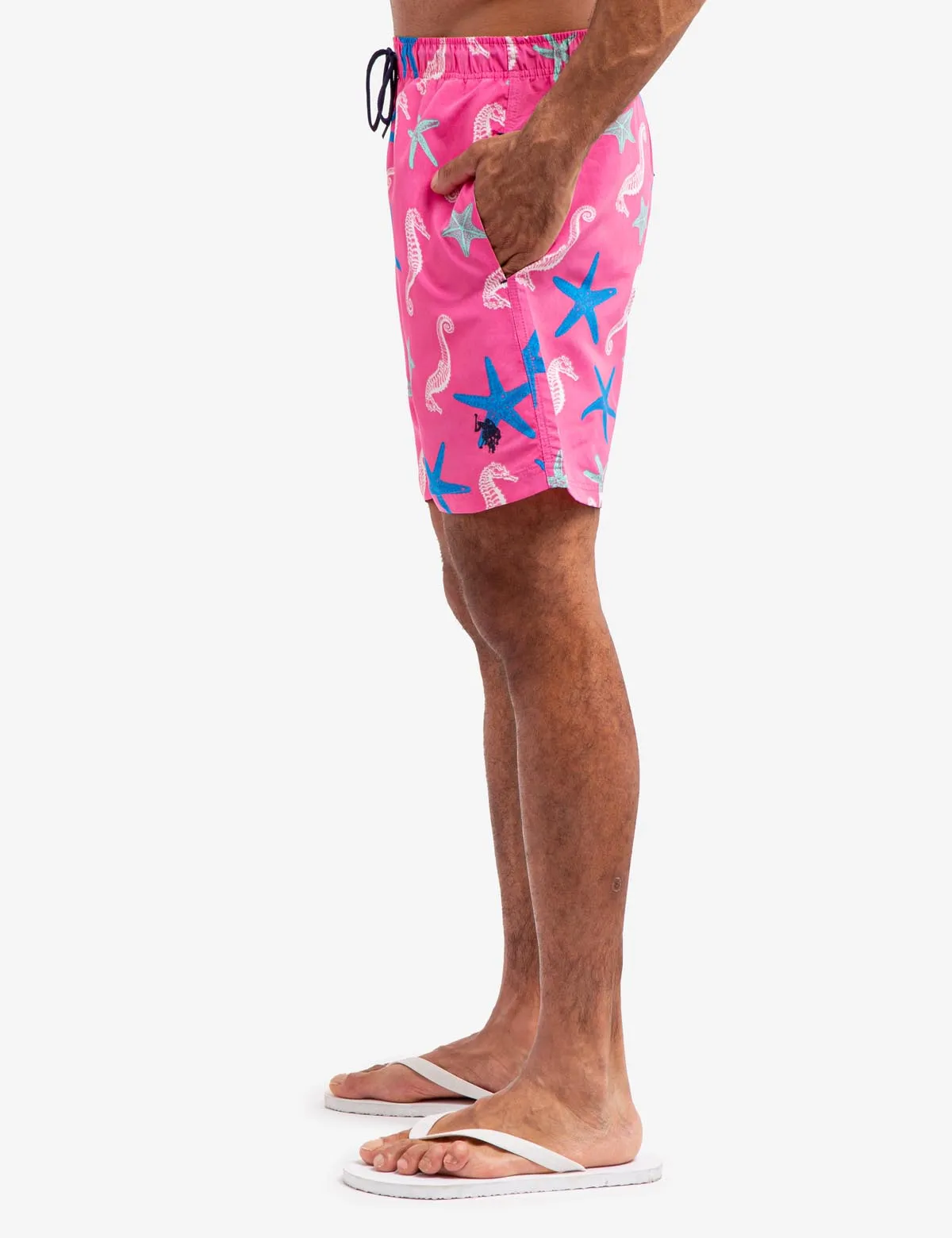 7" SEAHORSE AND STARFISH PRINT SWIM TRUNKS