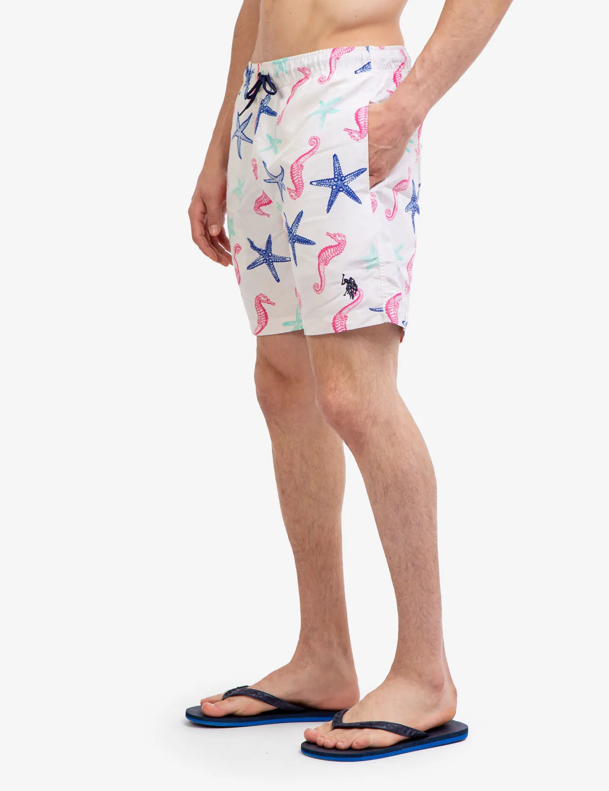 7" SEAHORSE AND STARFISH PRINT SWIM TRUNKS