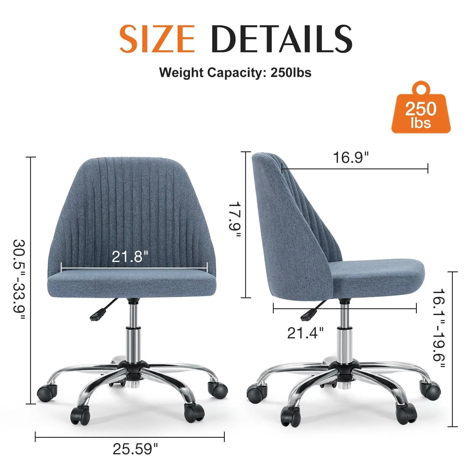 Armless Office Desk Chair, Adjustable Swivel Chair with Wheels for Small Spaces