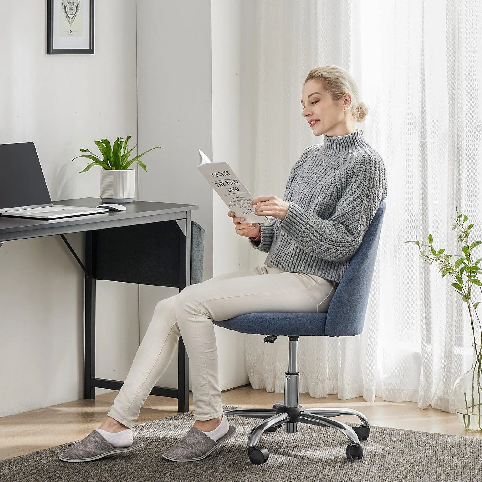 Armless Office Desk Chair, Adjustable Swivel Chair with Wheels for Small Spaces