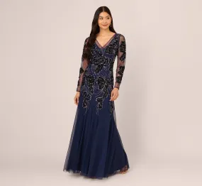 Beaded Long Sleeve Mermaid Gown With Velvet Trim In Light Navy