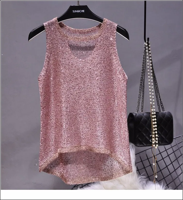 BerryBetty - 2024 Summer New Sexy Hollow Sequined Knit Camisole Top Sleeveless Hollow Out Top Shirt Women's Loose Casual Crop Top Tops