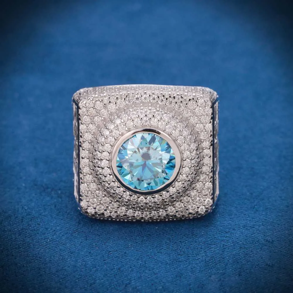 Blue Moissanite Signet Ring 14K White Gold