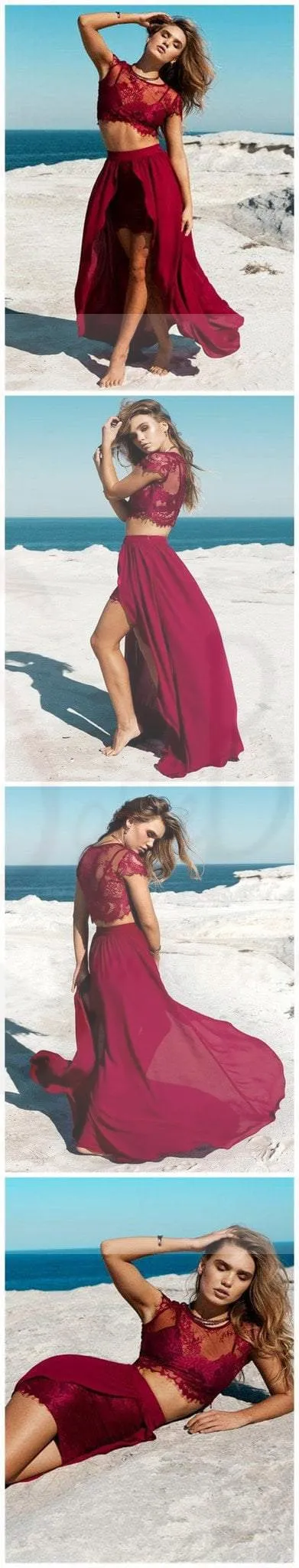 Burgundy Sexy Slit Two-piece Party Long Prom Dresses, PD0091