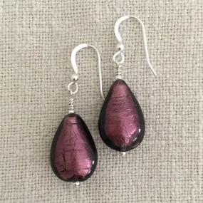 Earrings with dark amethyst (purple) Murano glass medium pear drops on silver or gold hooks