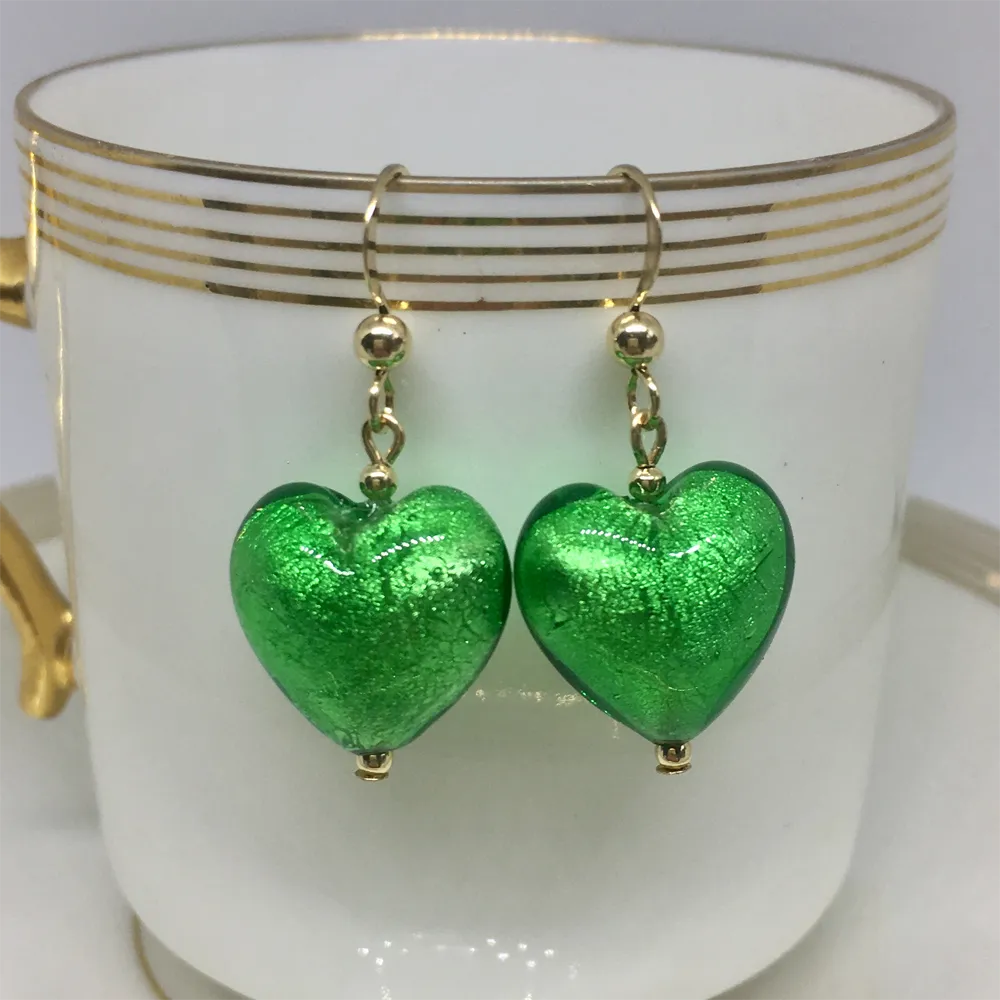 Earrings with dark green (emerald) Murano glass small heart drops on silver or gold