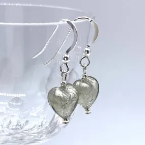 Earrings with grey Murano glass mini heart drops on silver or gold hooks