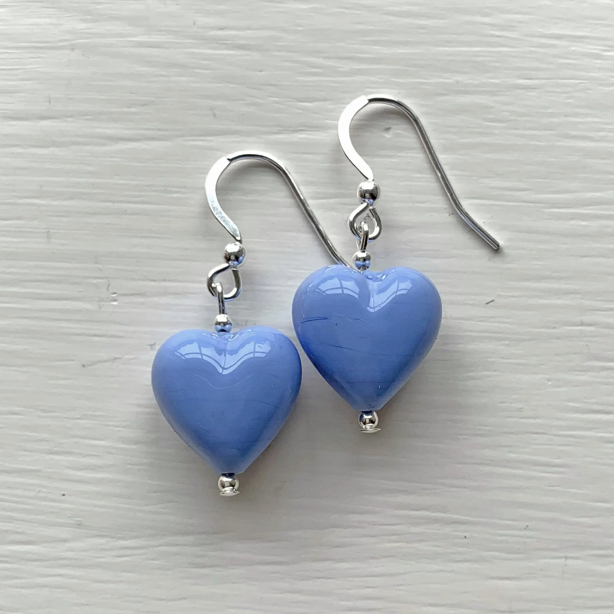 Earrings with periwinkle (blue) pastel Murano glass small heart drops on silver or gold hooks