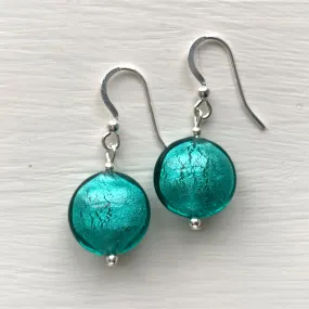 Earrings with teal (green, jade) Murano glass small lentil drops on silver or gold hooks