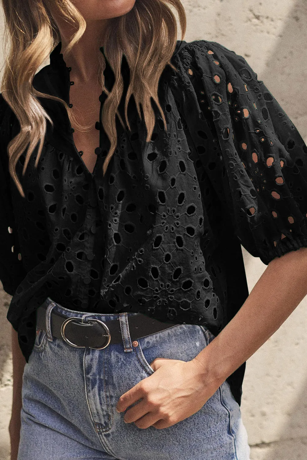 Flower Embroidered Hollow-out Puff Sleeve Blouse