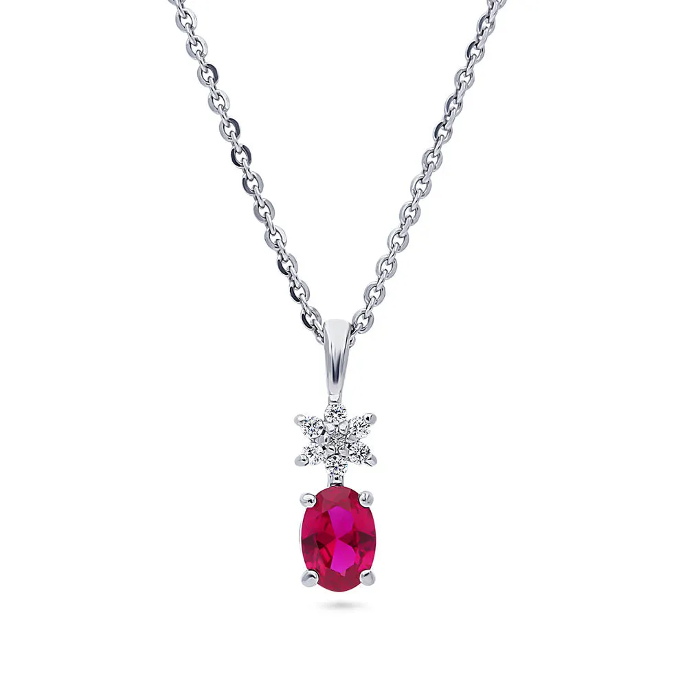 Flower Simulated Ruby CZ Necklace in Sterling Silver