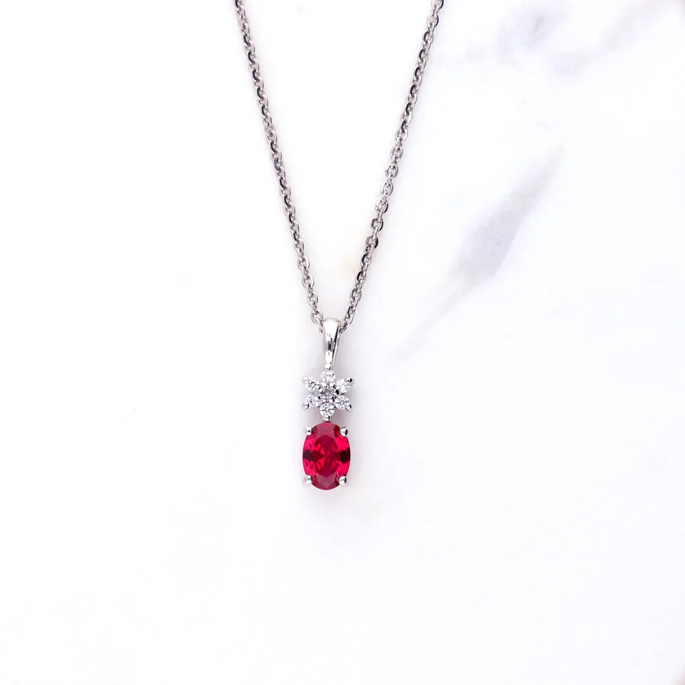 Flower Simulated Ruby CZ Necklace in Sterling Silver