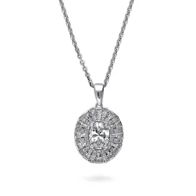 Halo Art Deco Oval CZ Necklace in Sterling Silver