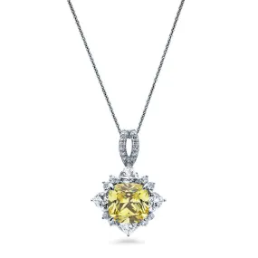 Halo Flower Canary Yellow Cushion CZ Necklace in Sterling Silver