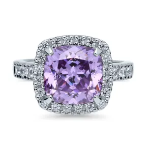 Halo Purple Cushion CZ Ring in Sterling Silver