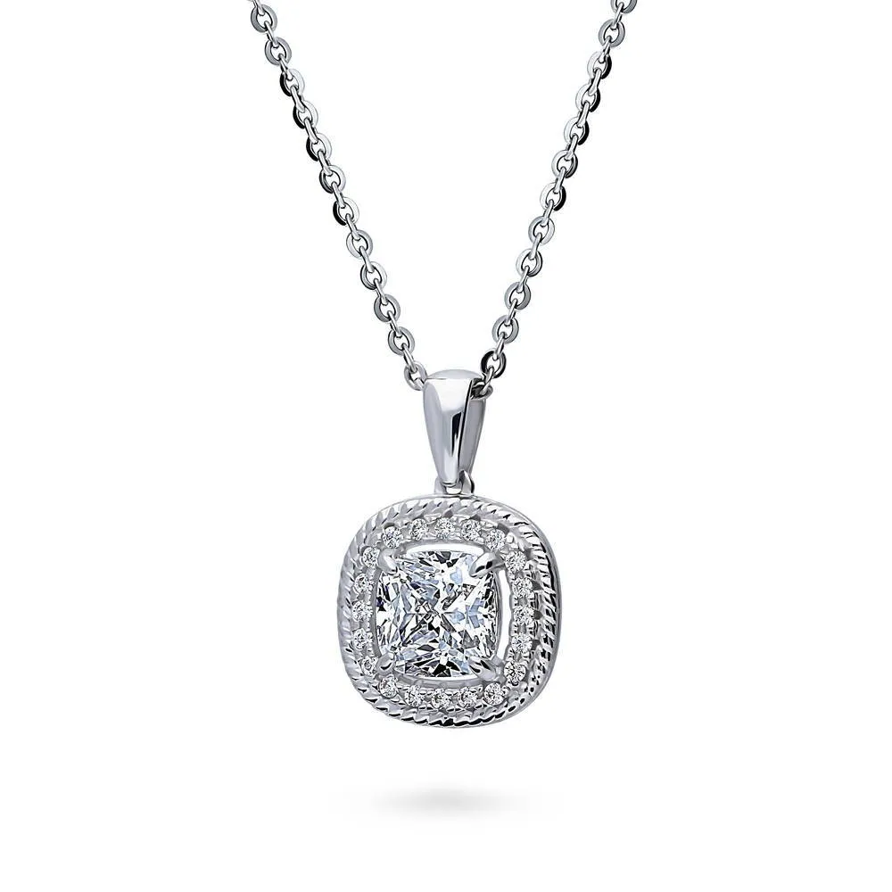 Halo Woven Cushion CZ Necklace in Sterling Silver