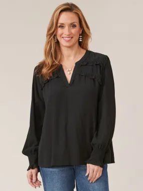 Long Sleeve Open V-Neck Double Ruffle Yoke Woven Top