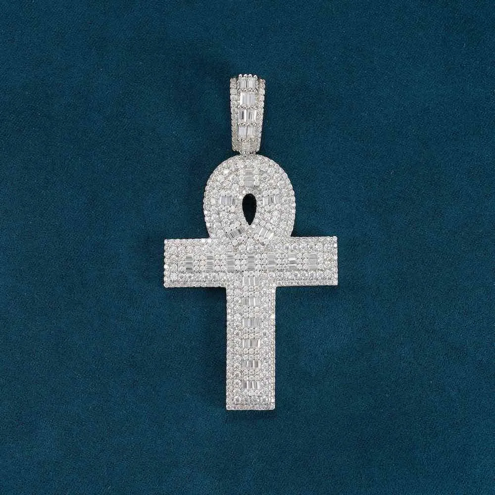 Moissanite Baguette Ankh Pendant 14K Gold