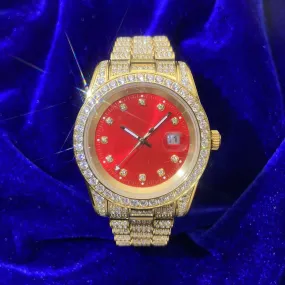 Moissanite Presidential Watch | Red Face | 41MM | 13.3CT Iced Out | 14K Yellow Gold