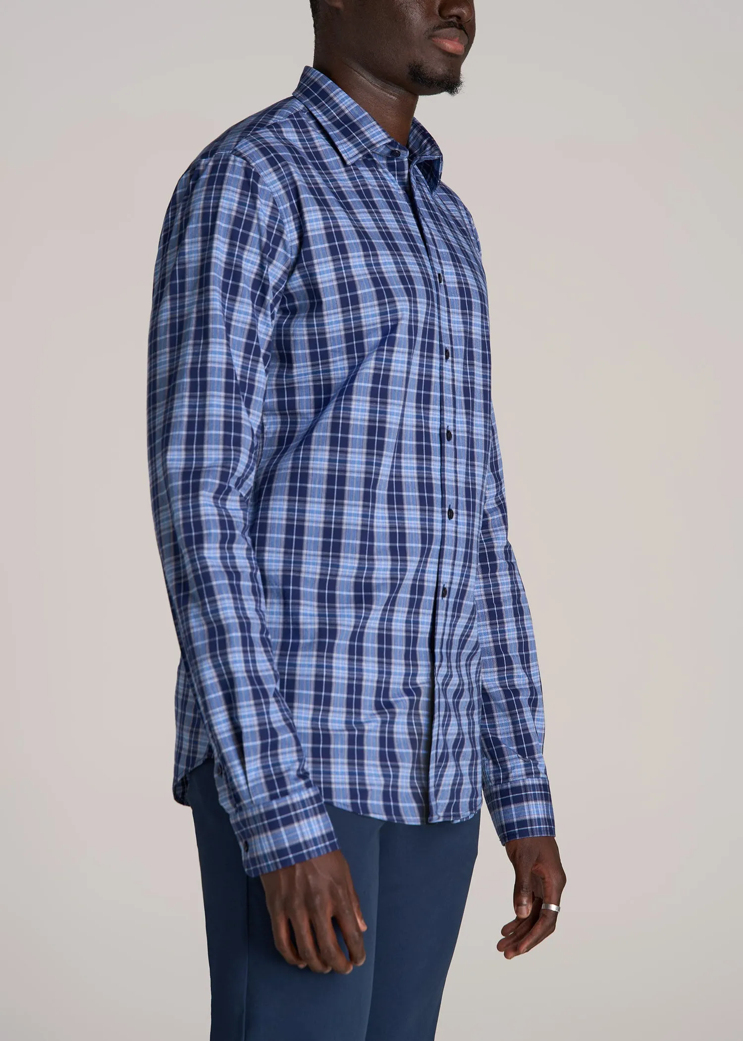 Oskar Button-Up Dress Shirt for Tall Men in Navy Blue Plaid