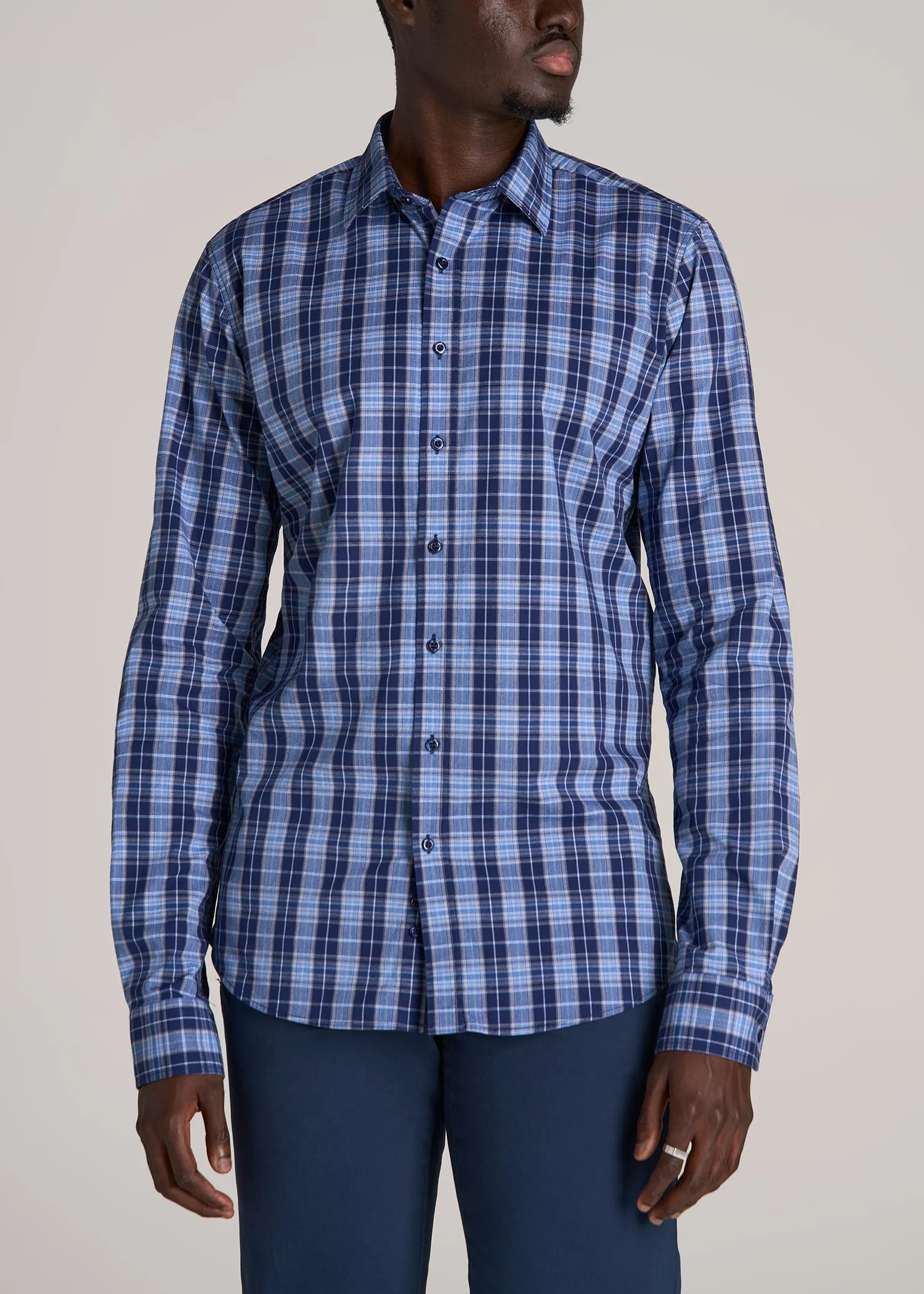 Oskar Button-Up Dress Shirt for Tall Men in Navy Blue Plaid