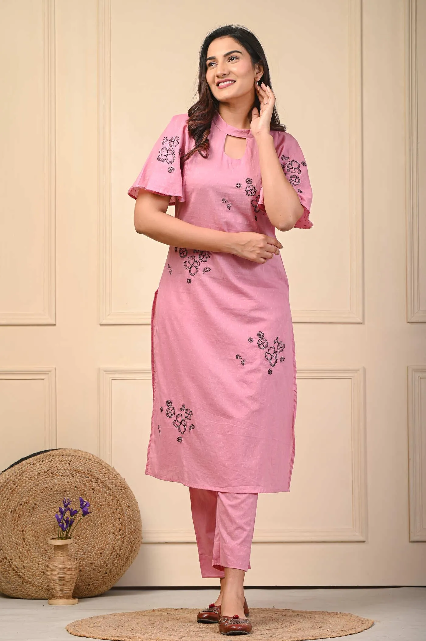 Pink Dobby Cotton Stylish Kurti Pant Set