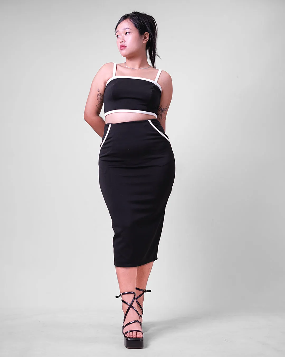 Quiet Luxury Aesthetic Crop Top With Midi Skirt In Black