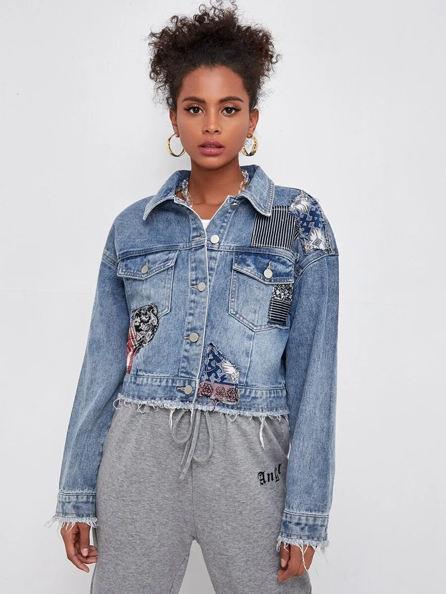 Raw-hem Patched Denim Jacket