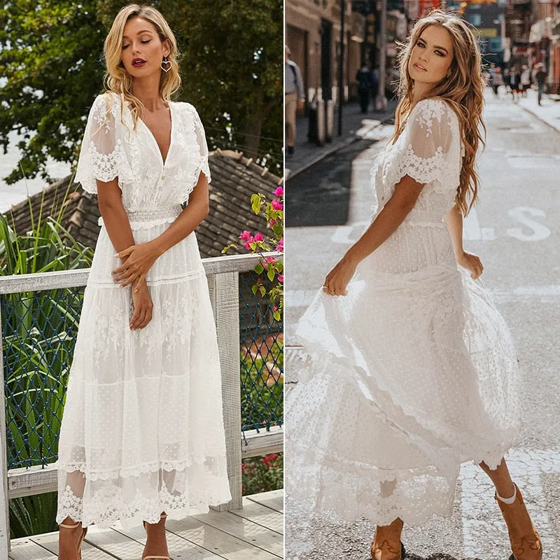 V-Neck Short Sleeve Lace Maxi Dress