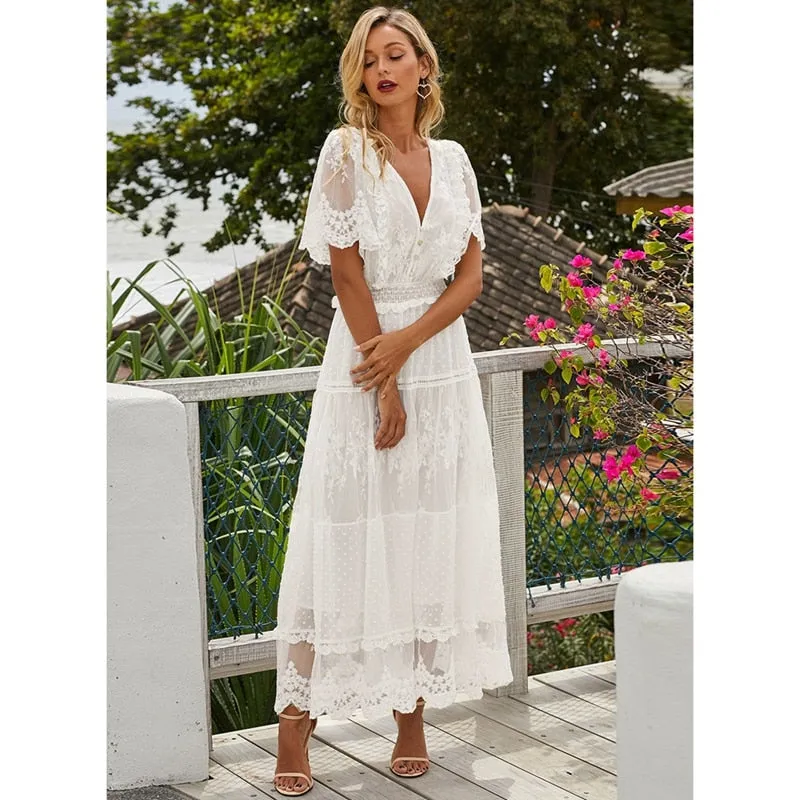 V-Neck Short Sleeve Lace Maxi Dress