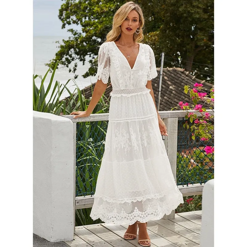 V-Neck Short Sleeve Lace Maxi Dress