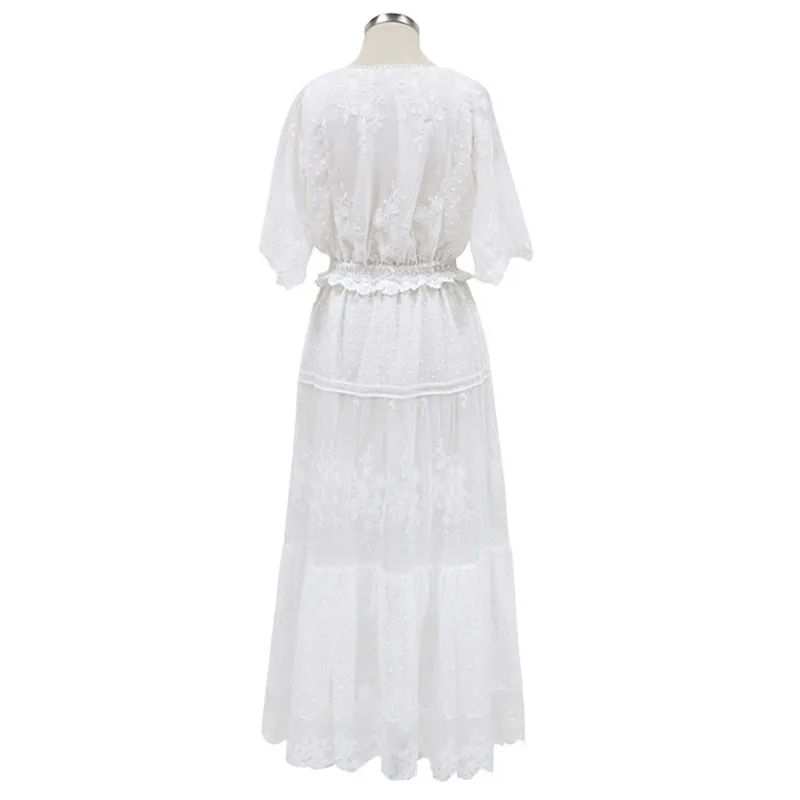 V-Neck Short Sleeve Lace Maxi Dress