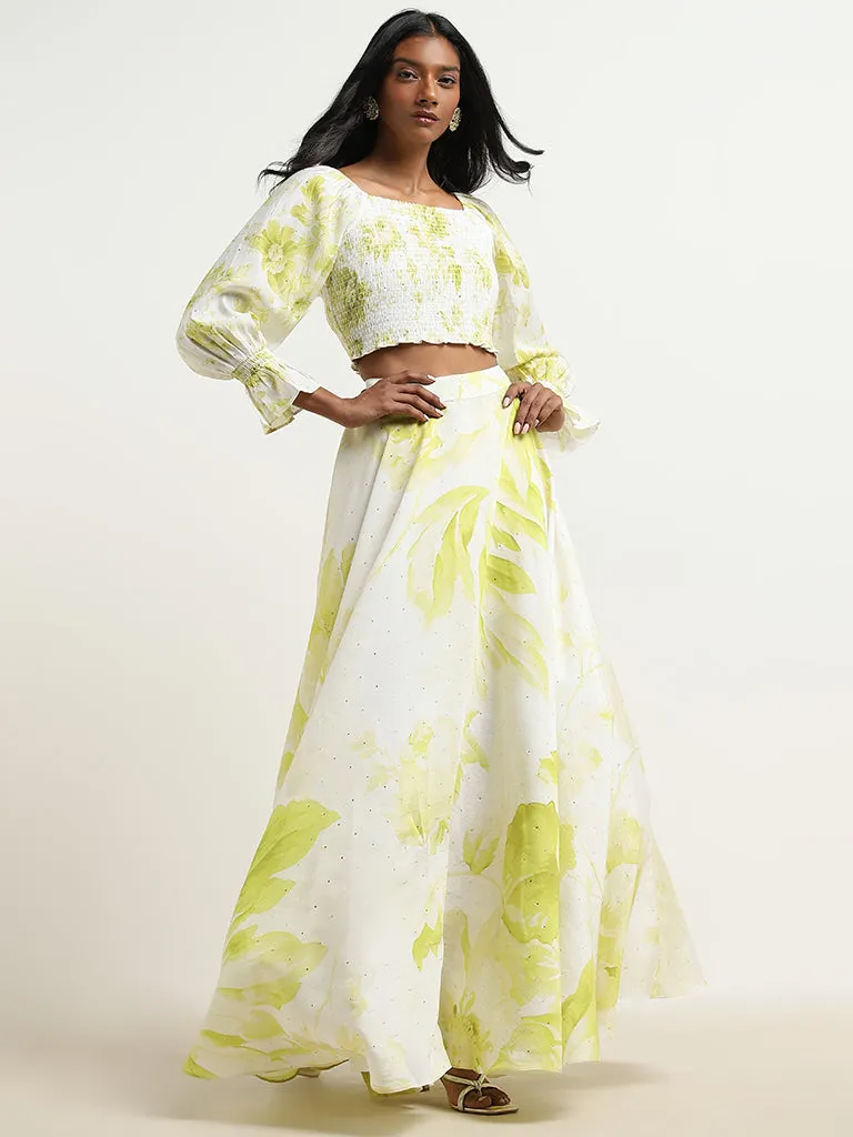 Vark Lime Floral Printed Top with High-Rise Skirt Set