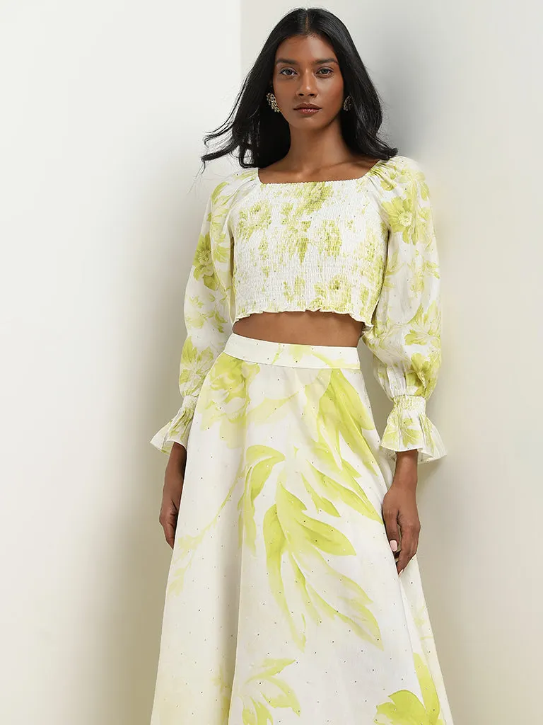 Vark Lime Floral Printed Top with High-Rise Skirt Set