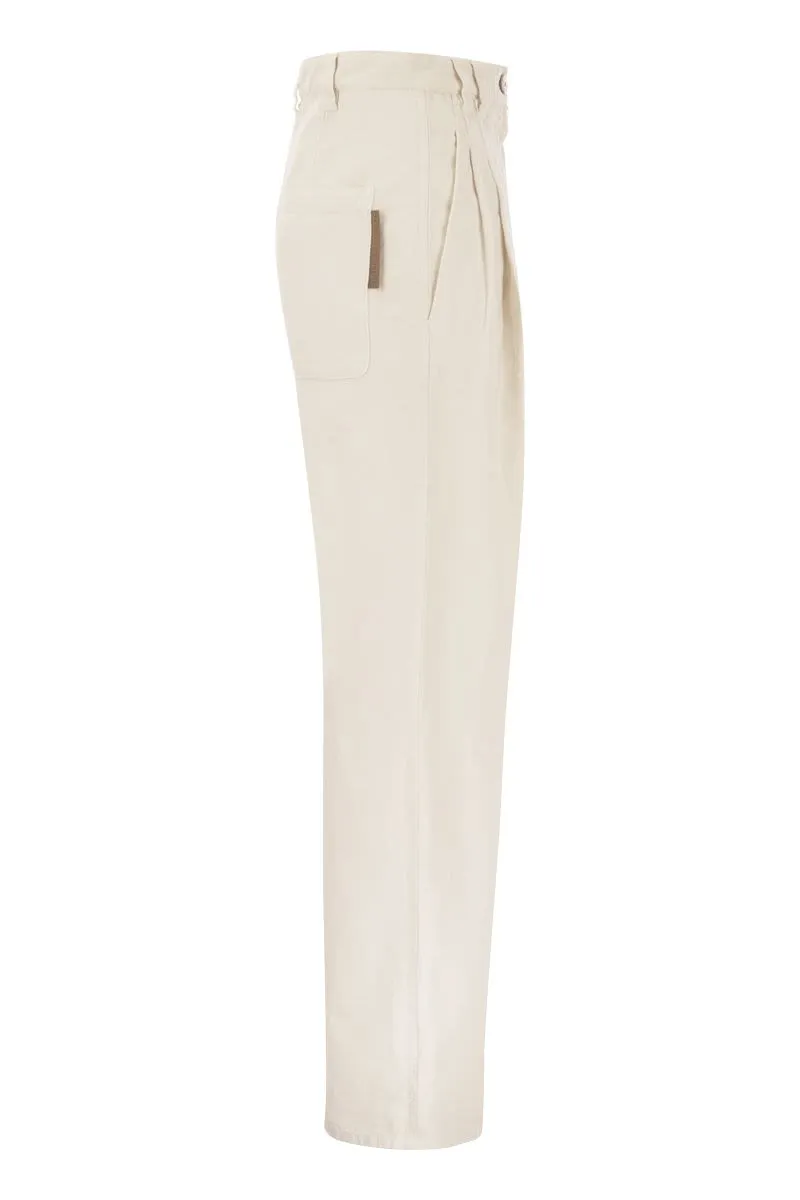 WHITE COTTON-LINEN HIGH-WAISTED TROUSERS