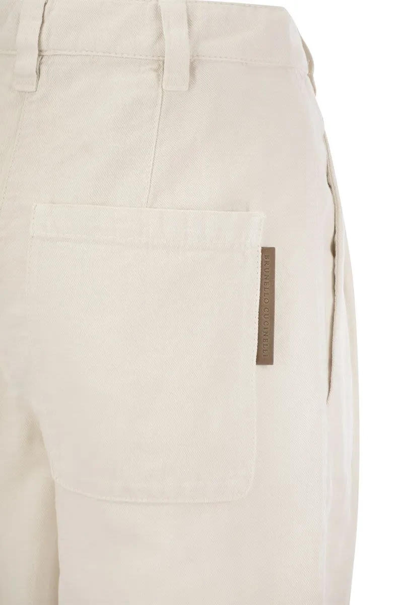 WHITE COTTON-LINEN HIGH-WAISTED TROUSERS