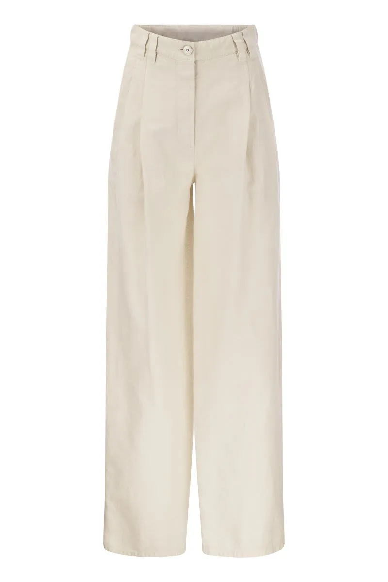 WHITE COTTON-LINEN HIGH-WAISTED TROUSERS